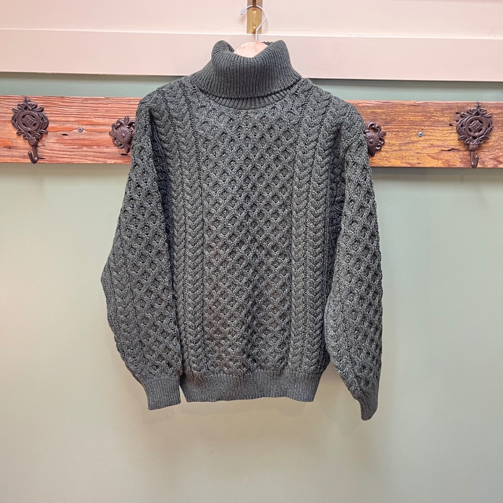 The Irish Store Womens Merino Roll Neck Sweater Army Green R1949 Aran Knit S NEW